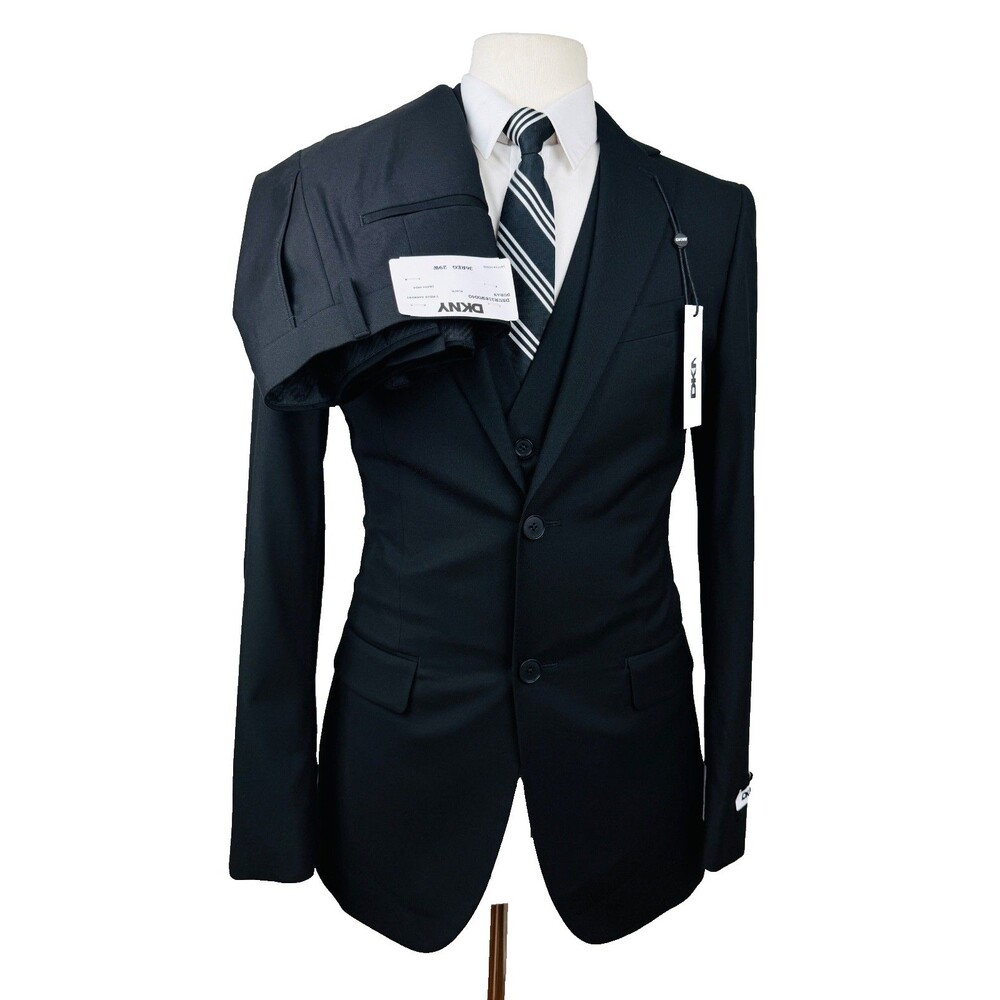 $495 NEW DKNY MENS 36R SOLID BLACK 3 PIECE SUIT WITH VEST & DRESS PANTS 29X31